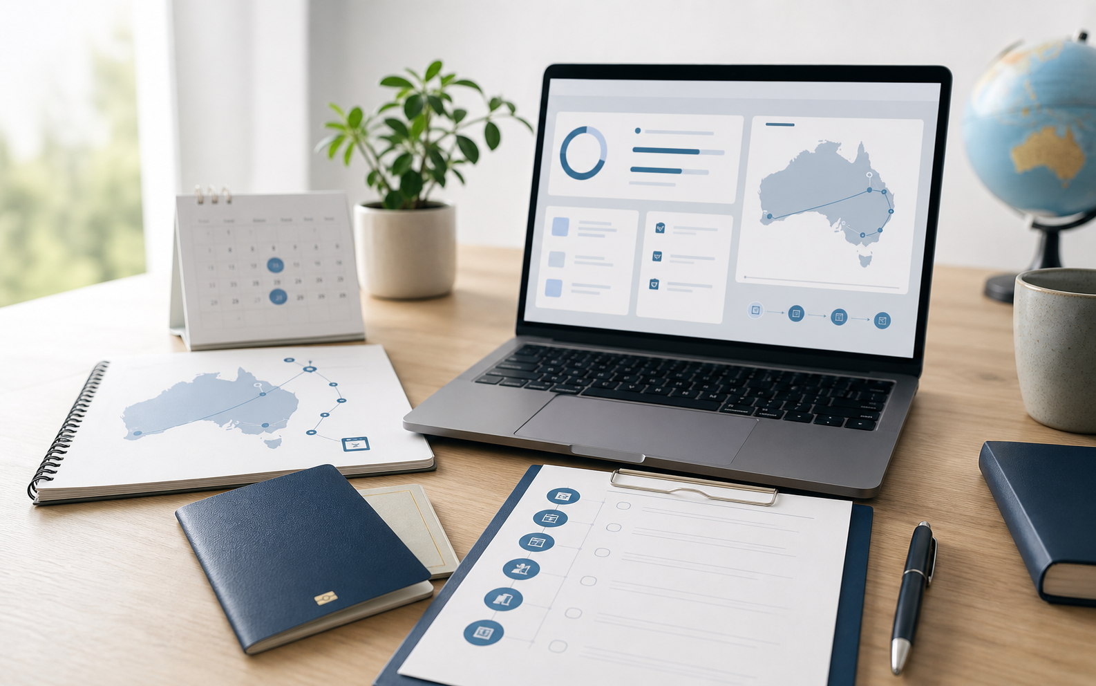 Professional desk with visa preparation documents and dashboard